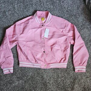 NWT Daisy Faux Leather Womens 3X Cropped Pink Button Up Varsity Style Jacket